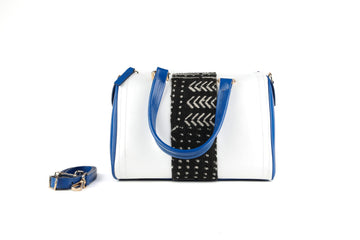 Sac MARTIR bleu et blanc - cuir artisanal et tissu Bogolan - L20cm x h17cm x P13cm - vue principale - HIMBA Fashion