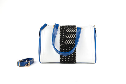 Sac MARTIR bleu et blanc - cuir artisanal et tissu Bogolan - L20cm x h17cm x P13cm - vue principale - HIMBA Fashion