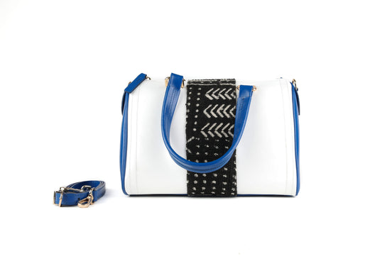 Sac MARTIR bleu et blanc - cuir artisanal et tissu Bogolan - L20cm x h17cm x P13cm - vue principale - HIMBA Fashion