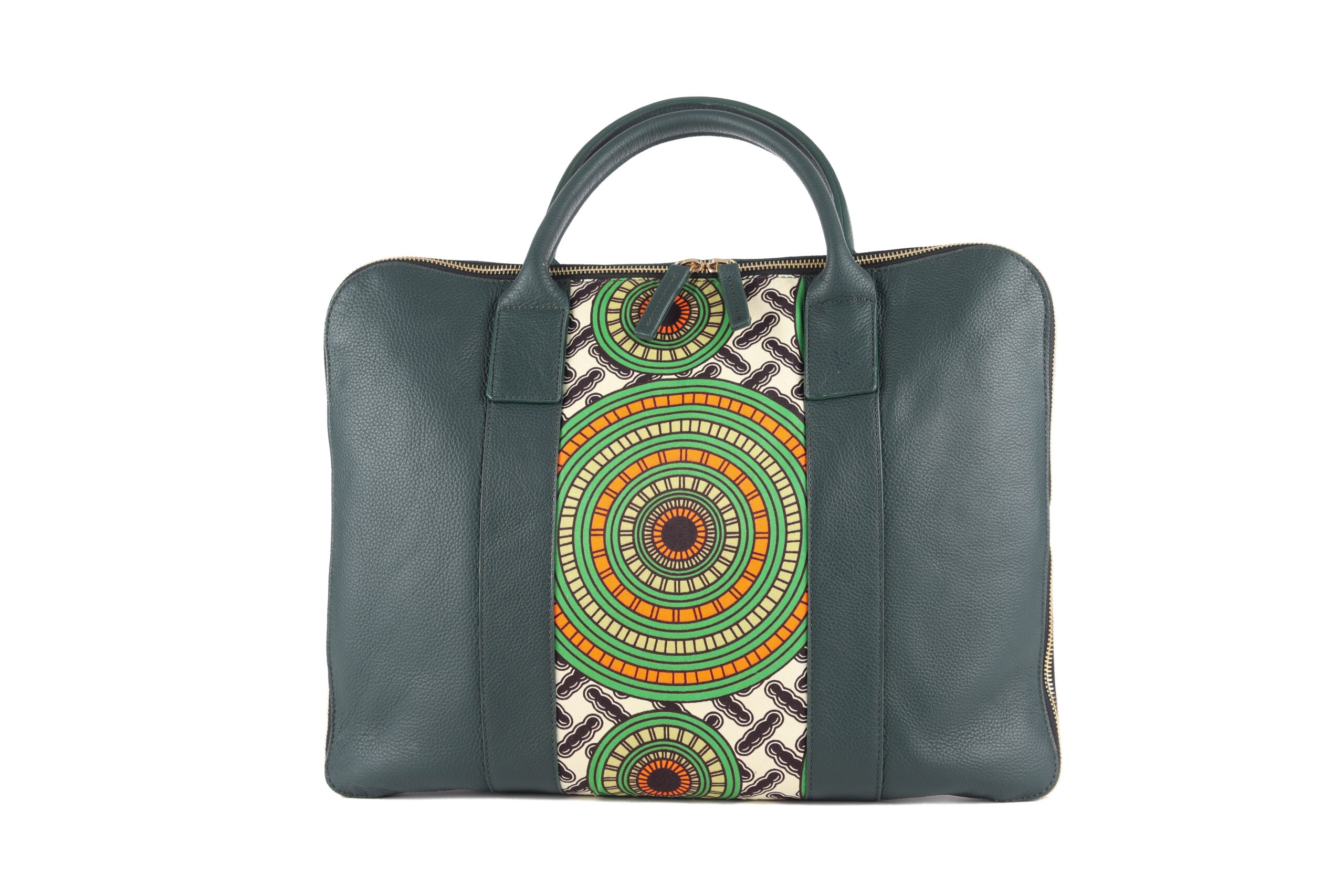 Sac ordinateur KWALA marron et multicolore - cuir artisanal et wax africain - L42cm x h32cm - vue principale - HIMBA Fashion