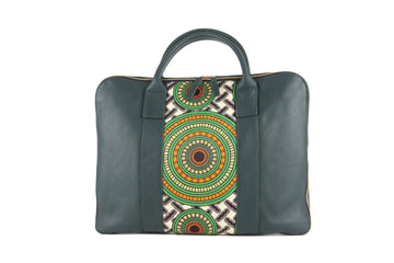 Sac ordinateur KWALA marron et multicolore - cuir artisanal et wax africain - L42cm x h32cm - vue principale - HIMBA Fashion