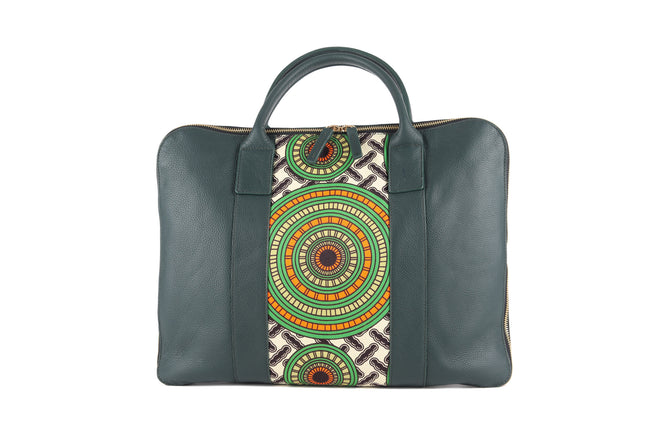 Sac ordinateur KWALA marron et multicolore - cuir artisanal et wax africain - L42cm x h32cm - vue principale - HIMBA Fashion