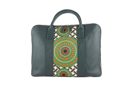Sac ordinateur KWALA marron et multicolore - cuir artisanal et wax africain - L42cm x h32cm - vue principale - HIMBA Fashion