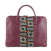 Sac ordinateur KWAME prune et multicolore- cuir artisanal et wax africain - L42cm x h32cm - vue principale - HIMBA Fashion