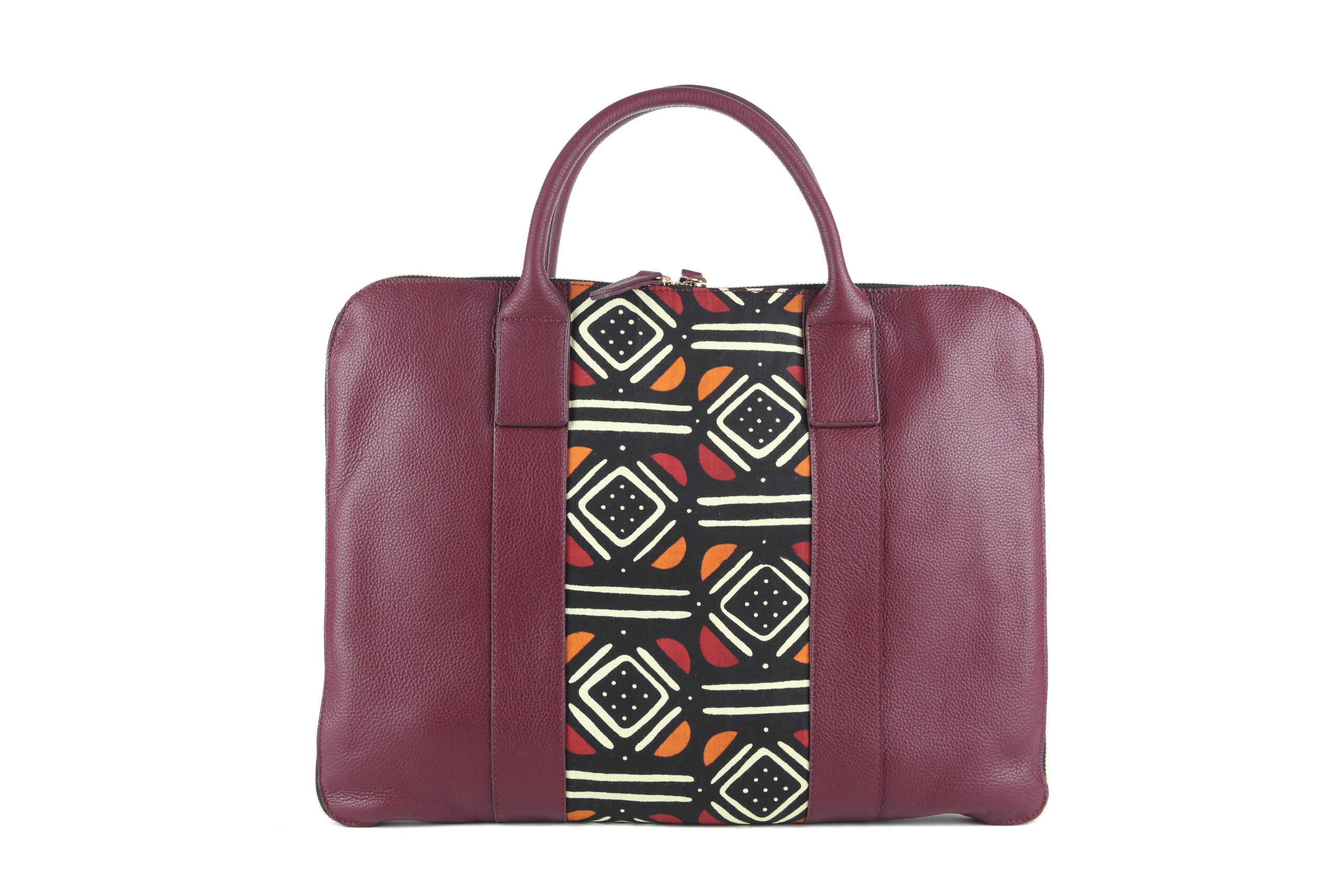 Sac ordinateur KWAME prune et multicolore- cuir artisanal et wax africain - L42cm x h32cm - vue principale - HIMBA Fashion