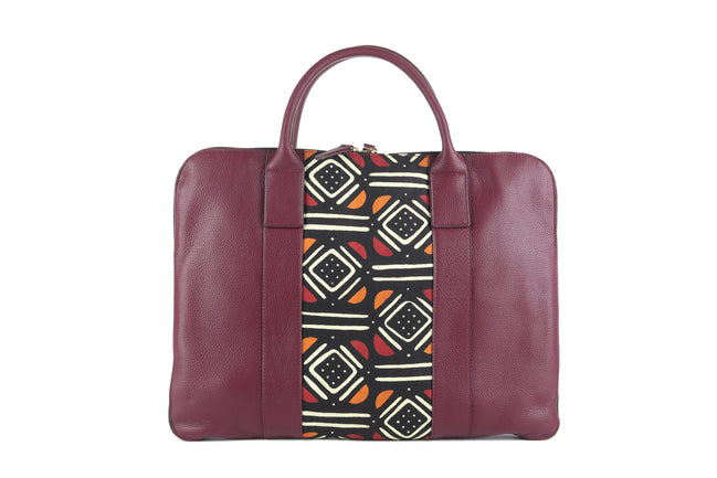 Sac ordinateur KWAME prune et multicolore- cuir artisanal et wax africain - L42cm x h32cm - vue principale - HIMBA Fashion