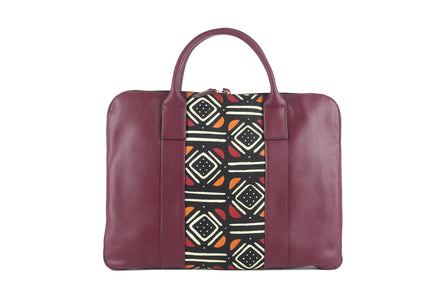 Sac ordinateur KWAME prune et multicolore- cuir artisanal et wax africain - L42cm x h32cm - vue principale - HIMBA Fashion