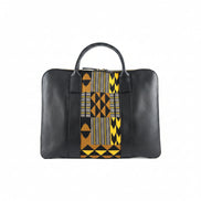Sac ordinateur KWITT noir t multicolore - cuir artisanal et wax africain - L42cm xh32cm - vue principale - HIMBA Fashion