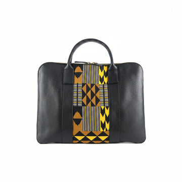 Sac ordinateur KWITT noir t multicolore - cuir artisanal et wax africain - L42cm xh32cm - vue principale - HIMBA Fashion