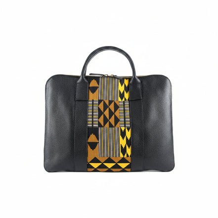 Sac ordinateur KWITT noir t multicolore - cuir artisanal et wax africain - L42cm xh32cm - vue principale - HIMBA Fashion