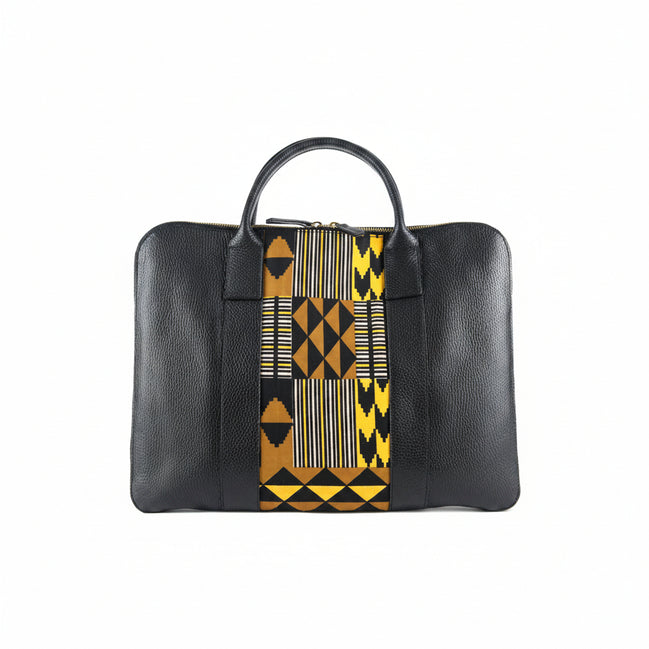 Sac ordinateur KWITT noir t multicolore - cuir artisanal et wax africain - L42cm xh32cm - vue principale - HIMBA Fashion