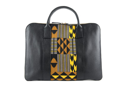 Sac ordinateur KWITT noir t multicolore - cuir artisanal et wax africain - L42cm xh32cm - vue principale - HIMBA Fashion