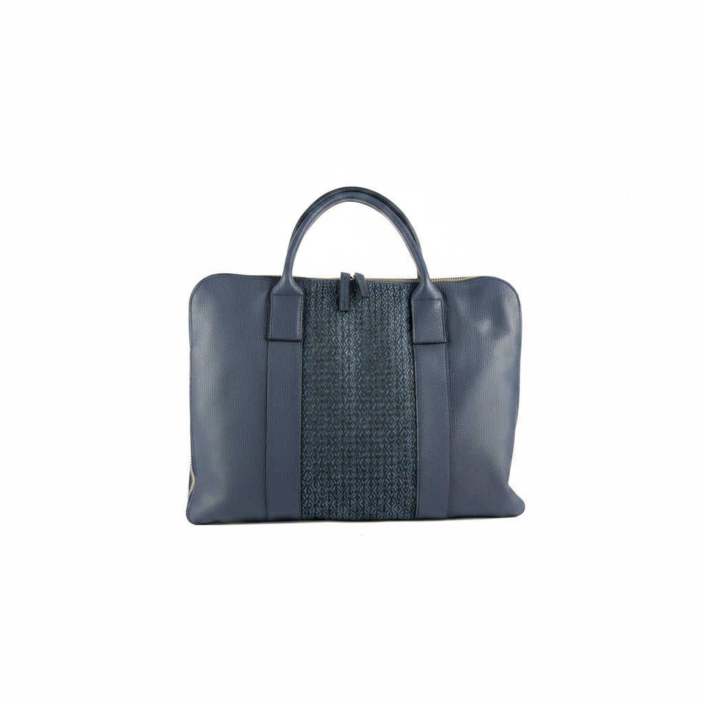 Sac ordinateur LUANDA bleu - cuir artisanal et wax africain - L42cm x h32cm - vue principale - HIMBA Fashion