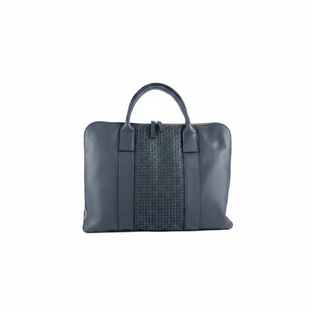 Sac ordinateur LUANDA bleu - cuir artisanal et wax africain - L42cm x h32cm - vue principale - HIMBA Fashion