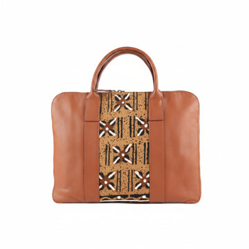 Sac ordinateur SIKWE camel et multicolore - cuir artisanal et wax africain - L42cm xh32cm - vue principale - HIMBA Fashion