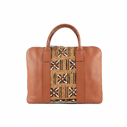 Sac ordinateur SIKWE camel et multicolore - cuir artisanal et wax africain - L42cm xh32cm - vue principale - HIMBA Fashion