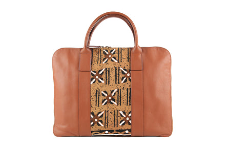 Sac ordinateur SIKWE camel et multicolore - cuir artisanal et wax africain - L42cm xh32cm - vue principale - HIMBA Fashion