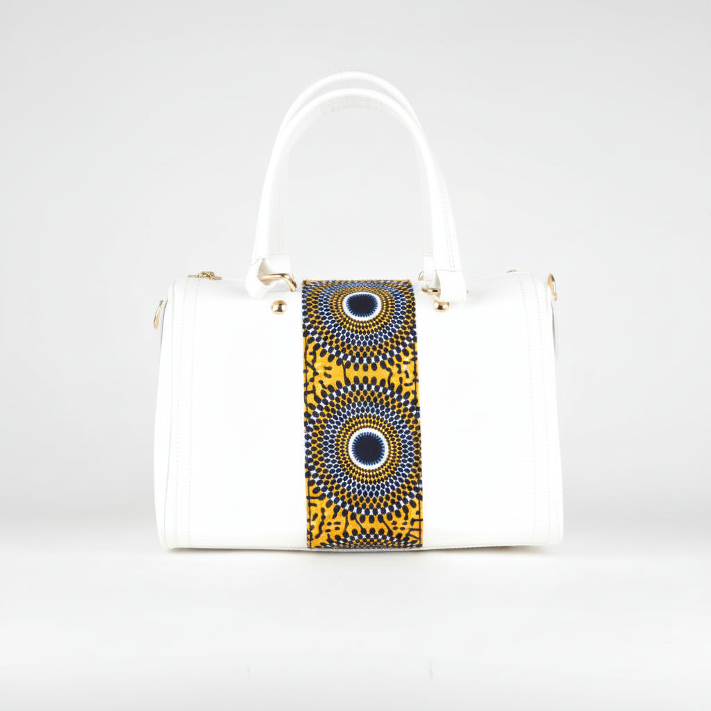 Sac ZYGO blanc et multicolore - cuir artisanal et wax africain - L20cm x h17cm x P13cm - vue principale - HIMBA Fashion