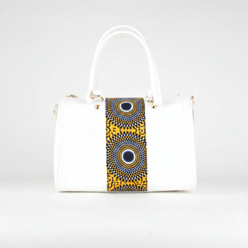 Sac ZYGO blanc et multicolore - cuir artisanal et wax africain - L20cm x h17cm x P13cm - vue principale - HIMBA Fashion