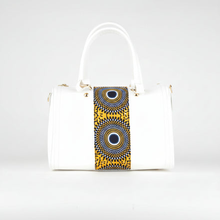 Sac ZYGO blanc et multicolore - cuir artisanal et wax africain - L20cm x h17cm x P13cm - vue principale - HIMBA Fashion