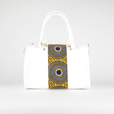 Sac ZYGO blanc et multicolore - cuir artisanal et wax africain - L20cm x h17cm x P13cm - vue principale - HIMBA Fashion