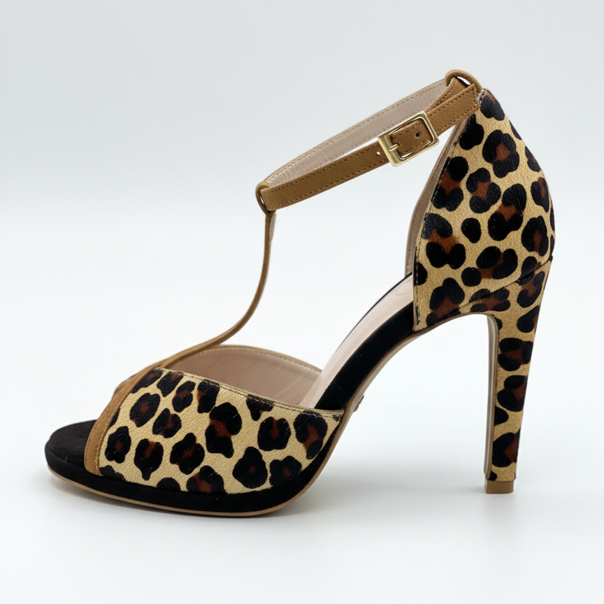 Sandales Kalunga Himba Fashion – escarpins de danse en cuir effet fausse fourrure léopard, bride T-bar, talon aiguille 9cm, boucle dorée, fabrication artisanale portugaise