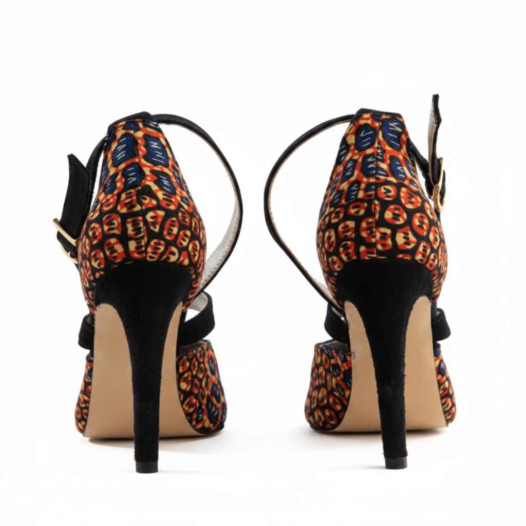 Sandales Skin Himba Fashion – chaussures de danse Kizomba et Semba en cuir bleu marine et tissu à motifs brique et bleu marine, peep toe, double bride croisée, talon aiguille, fabrication artisanale portugaise