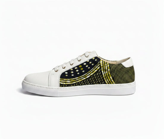 Sneakers NAMIBE blanches et multicolores - cuir et wax - vue de profil HIMBA Fashion