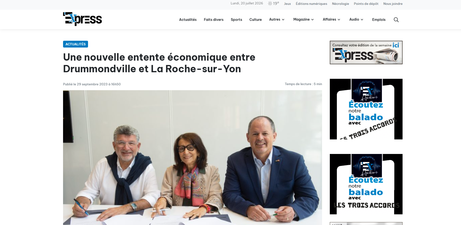 Une nouvelle entente économique entre Drummondville et La Roche-sur-Yon
